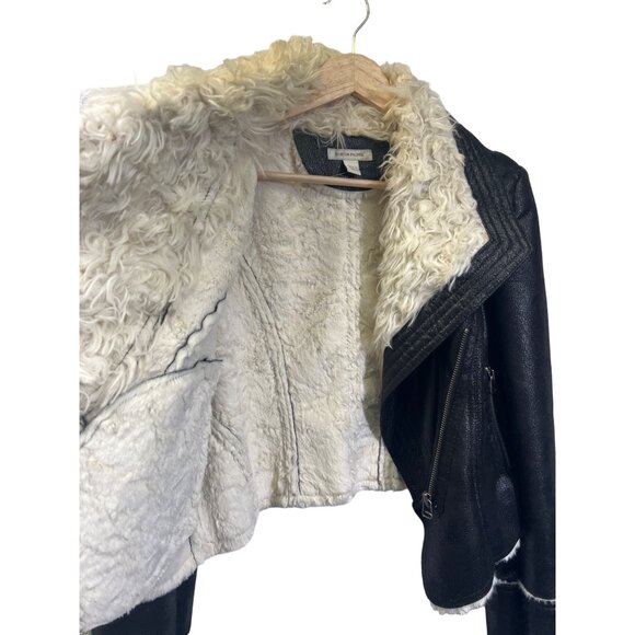 Boston Proper Black Faux Leather Off White Shearling Collar Moto Jacket - Picture 6 of 10